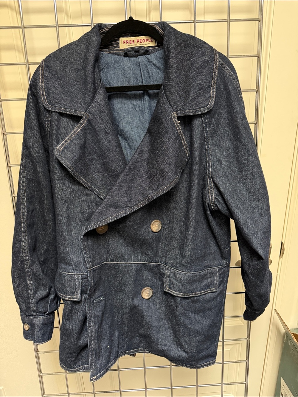 Free People Indigo Denim Double-Breasted Trench Coat